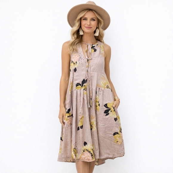 Star Studios Dresses & Skirts - Star Studios Blush Floral Boho Midi Dress Sleeveless Tie Neck Flowing A-Line